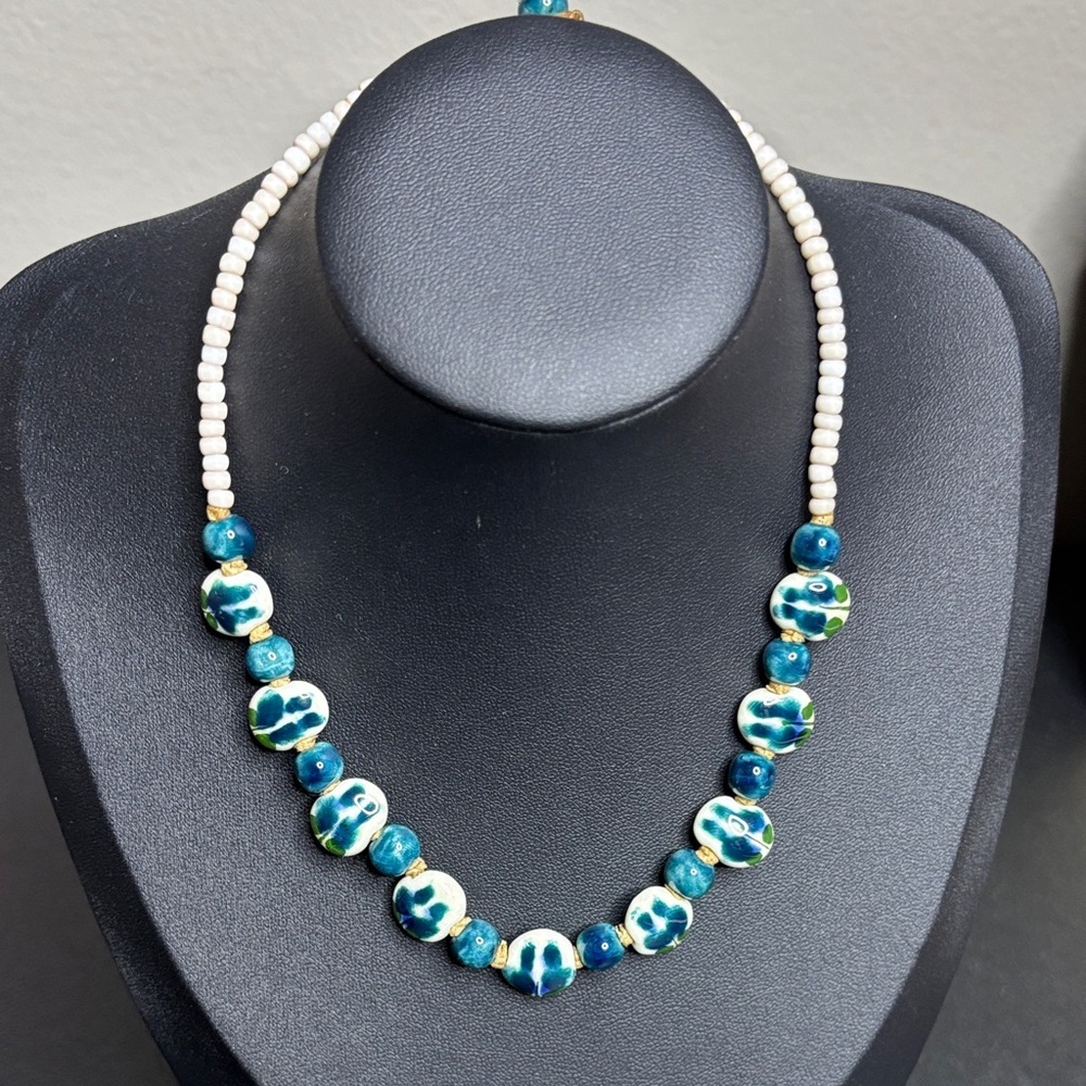 Vintag Ceramic Glass Painted Beaded Nautical Knotted Choker Necklace